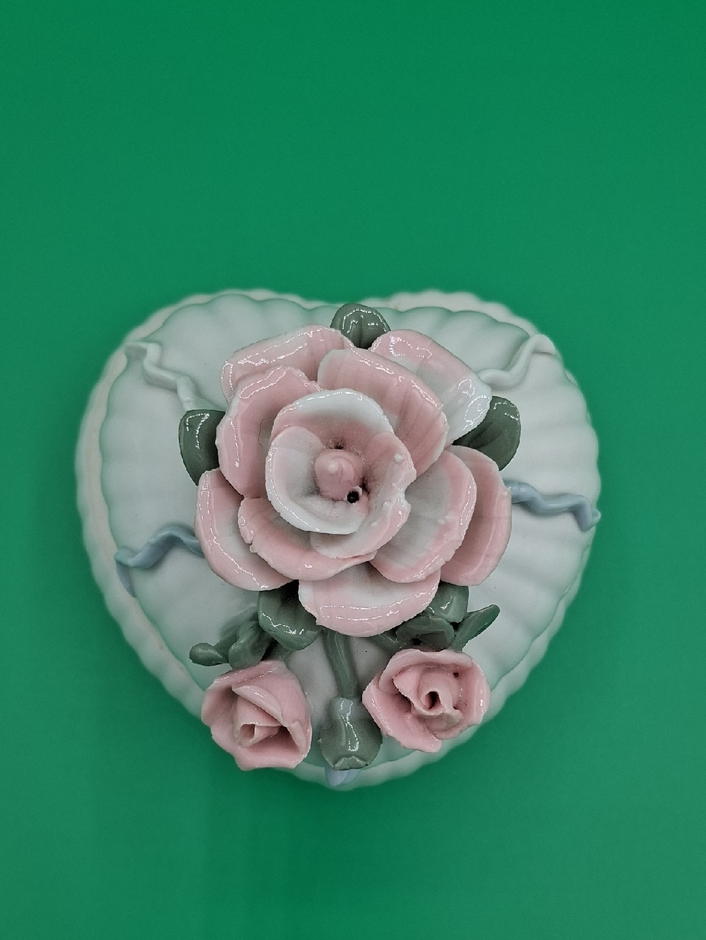 Vintage Porcelain Heart Jewelry Box with Pink Rose Accent